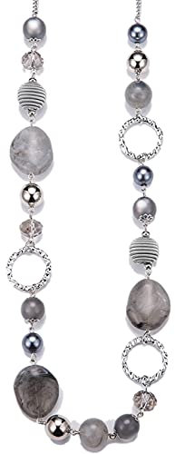 BULINLIN Long Beaded Silver Necklace for Her Crystal Bead Sweater Chain Fashion Jewelry Necklace Birthday Gifts for Women Mum(Grey)