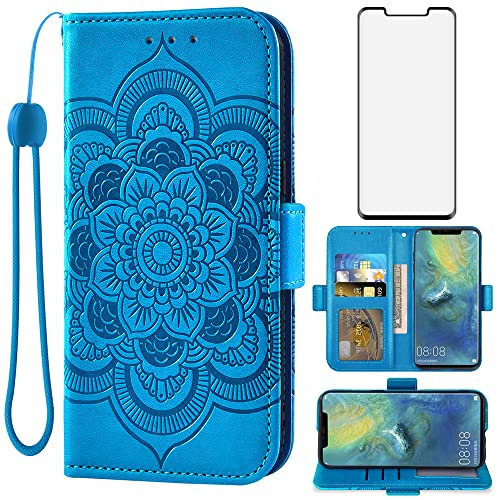 Asuwish Funda para Huawei Mate 20 Pro con Cristal Templado Protector Pantalla Vidrio Pelicula Protectora Libro Cuero Piel Tarjetero Soporte Hawaii Mate20 20Pro LYA-L29 Tapa Carcasa Capa Case Azul