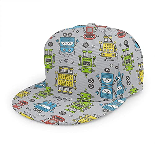Oaieltj Unisex Baseballkappe Damen Herren Junge Mädchen Mode verstellbar 3D gedruckt Flat Bill Baseball Cap, Roboter auf Grau, One size