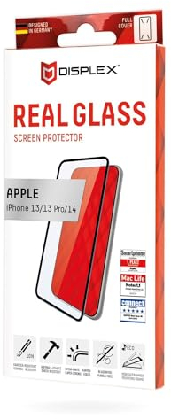 Displex Full Cover Panzerglas (10H) für Apple iPhone 13/13 Pro/14/16e, Eco-Montagerahmen, volle Displayabdeckung, Tempered Glas, kratzer-resistente Schutzfolie, hüllenfreundlich