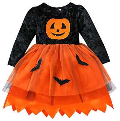 HodJIU Déguisement Tenue d'halloween Bébé Fille Robe Tutu Tulle Imprimé Citrouille Costume Halloween à Manches Longues Enfant Fillette
