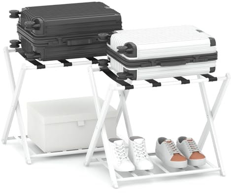 COSTWAY Lot de 2 Porte-valises Pliants, Porte-Bagages avec 2 Étagères, Support de Valise Pliable en Métal Robuste, pour Chambre, Hôtel, Charge Total 60 kg, 43 x 68 x 56 cm, Blanc