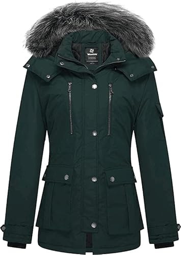 Wantdo Women's Winter Cotton Padded Coat Warm Outdoor Windproof Jacket Faux Fur Hood Coats Classic Ladies Parka Jacket Blackish Green M