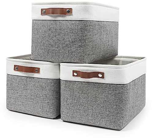 Bagnizer Storage Bins Large Fabric Storage Baskets for Shelves 3 Pack, Decorative Linen Closet Baskets with Handles for Organizing, Shelf, Clothes, Home, Office, 15x11x9.5Inches (Grey&White)