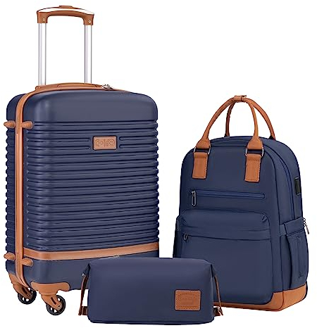 COOLIFE Koffer Trolley Koffer Reisekoffer von ABS Hartschalen Trolley 4 Rollen TSA-Schloss Der Koffer Enthält 1 Reiserucksack und 1 Kulturbeutel (Blau/Braun, Handgepäck-Set 3tlg)