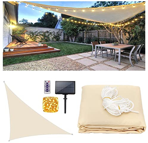 Usknxiu Sonnenschutz für den Außenbereich mit LED-Licht, 98% UV-Schutz, beiges dreieckiges Sonnensegel, wasserdichtes Sonnensegel, Überdachungszelt für den Außenbereich 4.5x4.5x4.5M