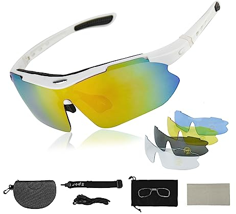 Zequech Polarisierte Fahrradbrille mit weißem Rahmen, 5 verschiedene Szenenfunktionen, austauschbare Gläser, Outdoor-Sport abnehmbare Brille, Kordel für Fahren Nacht Regen, geringe Sichtbarkeit Angeln