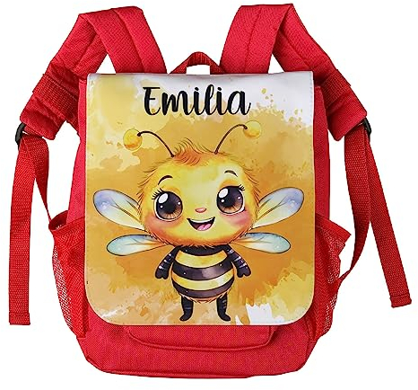 Striefchen® personalisierter Kinderrucksack mit niedlichen Tiermotiven in Aquacolor Optik Biene, Rot