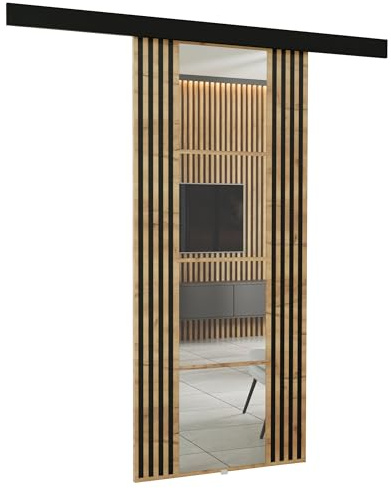 KIER FURNITURE Wandschiebetüren mit Spiegeln EMPI 90 – Schiebetür Komplettset Schiene Komplettset Mit Tür – Zimmertüren Mit Zarge Komplett - B96xH205xT1,6 cm - Eiche Craft Golden