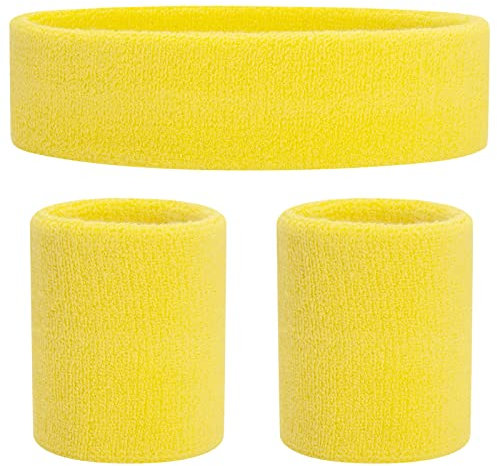 ONUPGO Schweißbänder Set Stirnband Armbänder Neon Sport Fitness 80er Kostüme Zubehör 80er Workout Outfit für Männer Frauen (Yellow 9533)