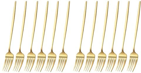 PEBBLE HUG 12pc Golden Dinner Forks, Stainless Steel Fruits Forks, Dessert Forks, Golden Finished Forks for Dining Table, Home, Restaurants, Christmas Party (Set of 12)