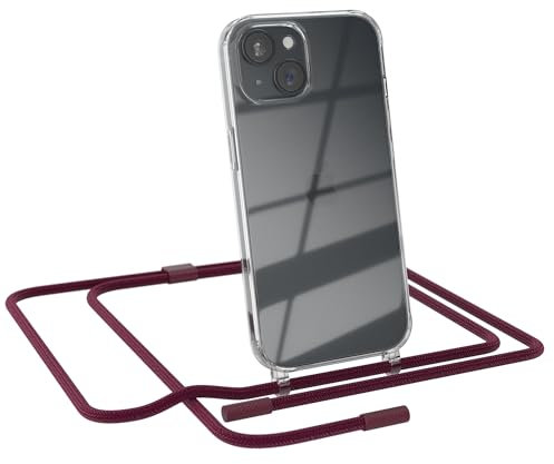 EAZY CASE - Handykette kompatibel mit iPhone 15 - dünne Handyhülle für iPhone 15 Hülle mit Band als Fallschutz Kette zum Umhängen transparente Hülle Silikon in Beere