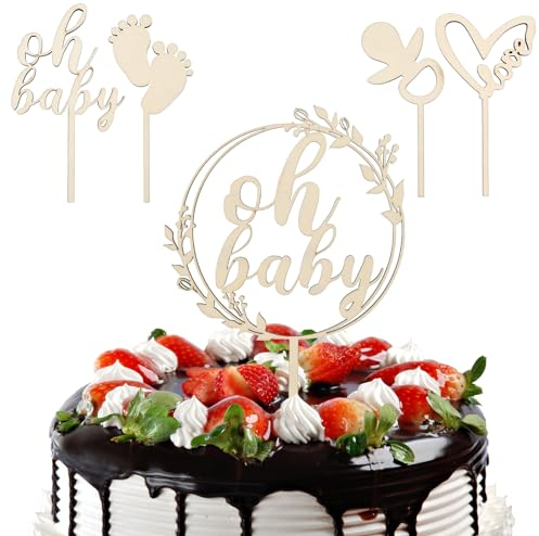 9 Stück Oh Baby Cake Topper, Herzförmige Kuchen Topper mit Liebe, Schnuller Füße Kuchen Topper, Baby Dusche Cake Topper Geschlecht offenbaren Party Dekoration, rustikale Holz
