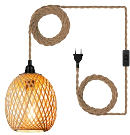 EcoGehen Boho Vintage Hängelampe mit Stecker E27 Lampe Pendelleuchte Bambus Rattan Lampenschirm Hängeleuchte Esstischlampe Industrie Hängende Laterne 450cm Kabel für Schlafzimmer Flur Küche Esstisch