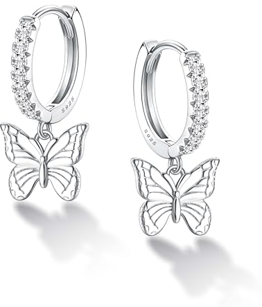 Chriscoco Ohrringe Silber 925 Hängend Ohrringe Silber 925 Creolen mit Herz/Schmetterling/Stern Anhänger Ohrringe Silber Hängend Hypoallergene Creolen Ohrringe für Damen Mädchen - Mit Schmuckschatulle