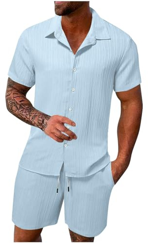 HAOLEI Mens Cotton Linen Shorts and Shirt Sets UK Sale Clearance Tracksuit Set Summer Co Ord Sets Short Sleeve Button Down Shirts & Shorts with Pockets 2 Piece Outfits Vacation Beach Wedding Suits