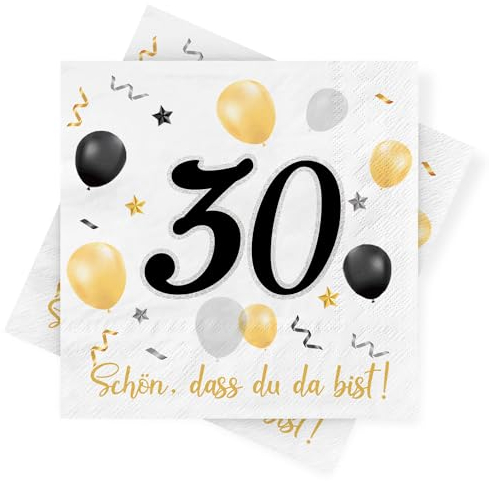 Servietten 30. geburtstag, 30 Stück Schwarze Gold Geburtstags Servietten, Deko 30. Geburtstag Schön, dass Du da bist, 3-Lagig Papierservietten für Mann Frau Geburtstag Feier Jubiläum Tischdekoration