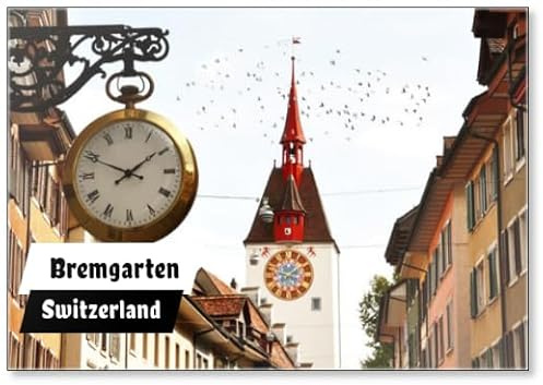 Charakteristische Uhr und Glocke in Bremgarten Altstadt, Schweiz, Kühlschrankmagnet