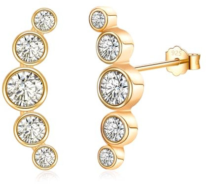 VYYU Gold Stud Earrings - Sterling Silver, Cubic Zirconia Curve Climber Earrings - Hypoallergenic | Gold Earring Jewellery for Christmas & Birthday Gifts