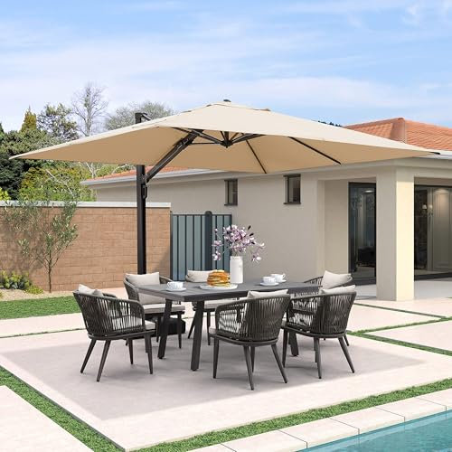 PURPLE LEAF 2.75 X 3.6 M Garden Cantilever Parasol, Large Rectangular Garden Parasol with Crank Handle and Tilt for Balcony and Outdoor, Beige