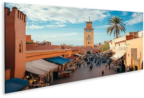 islandburner Bild auf Leinwand Lebhafter Markt und Moschee in Marrakesch Marokko Bilder Wandbilder Poster