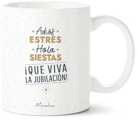 Manahia - Taza de Cerámica de 330 ml - Jubilación - Adiós estrés, hola siestas - Caja de Regalo en Kraft - Impresa en Francia - Regalo Jubilación, Taza Divertida, Despedida Trabajo, Mug Compañero