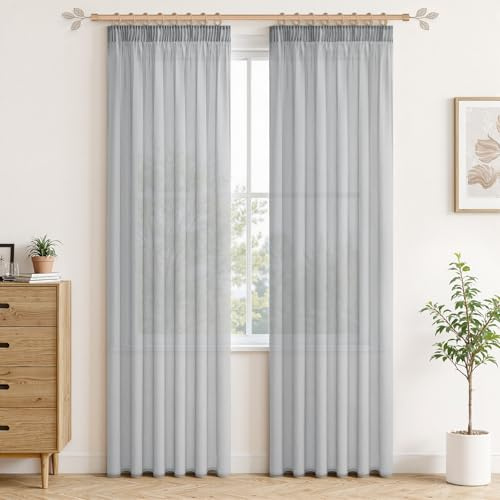 MRTREES Gardinen Wohnzimmer Kräuselband Grau 235x140cm (HxB) 2 Stück Bistro Voile Gardine Küche Transparent Gardine Landhaus für Wohnzimmer, Küche, Kinderzimmer und Living Room