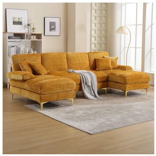 Seyakany Canapé modulaire Moderne, canapé en U avec Deux fauteuils inclinables, canapé Relax 4 Places, adapté au Salon, à la Chambre, au Bureau, à la Maison, Chenille, Jaune Moutarde