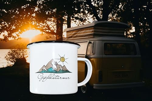 KAMACA Emaille Becher mit Spruch leichte und robuste Tasse 450 ml für Abenteuer Alltag Camping Outdoor Wandern Trekking Campen Kaffeetasse Kaffeebecher (Emaille Tasse Gipfelstürmer)