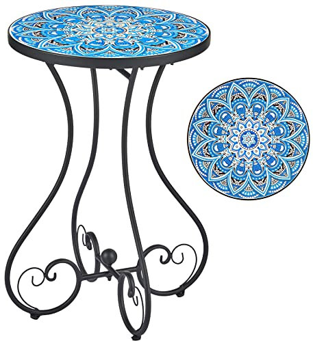 Tavolino rotondo – Supporto per piante da interno/esterno con piano in piastrelle di ceramica da 36 cm, alto 53 cm, tavolo da giardino con mosaico alto 53 cm, comodino per soggiorno, patio, balcone