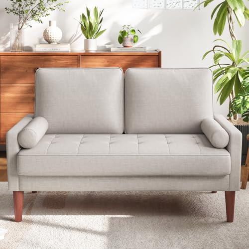 Vesgantti Sofa 2-Sitzer, 121 cm Modernes Aschbeige Couch 2 Sitzer mit 2 Wurfkissen, Kleine Stoffcouch mit Armlehne, Knöpfe Sitzkissen Gästesofa für Wohnzimmer/Wohnung/Büro