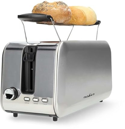Nedis 2 Slice Toaster with Extra Long Slots, Bun Warming Rack, 7 Browning Settings, Defrost, Reheat and Cancel, 1450W, Silver