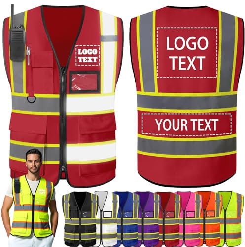 Morlavid Warnweste Sicherheitsweste Personalisierte mit Logo Text Sichtbarkeit Zweifarbig Anpassbar für die Arbeit,Red