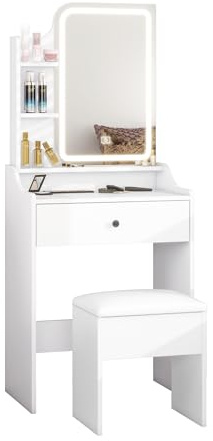 Dressing Table with LED Lights, Vanity Desk with 3-Color Mirror and 1 Big Drawers, Makeup Desk with Cushioned Storage Stool for Bedroom Dressing Room (White)