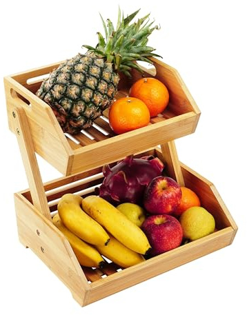 Relaxdays Bamboo Fruit Stand, HxWxD: 29 x 30 x 25 cm, tiered basket for fruit, vegetables & pastries, natural