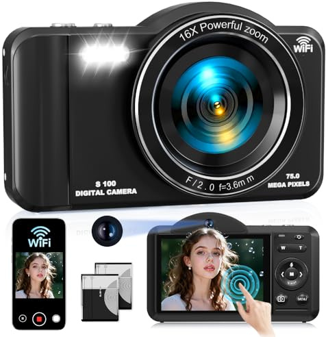 Fotocamera digitale 4K, 75 MP, autofocus, fotocamera con touchscreen, WiFi, zoom 16X e scheda SD da 32 GB, videocamera portatile per fotografia, principianti, adolescenti e adulti