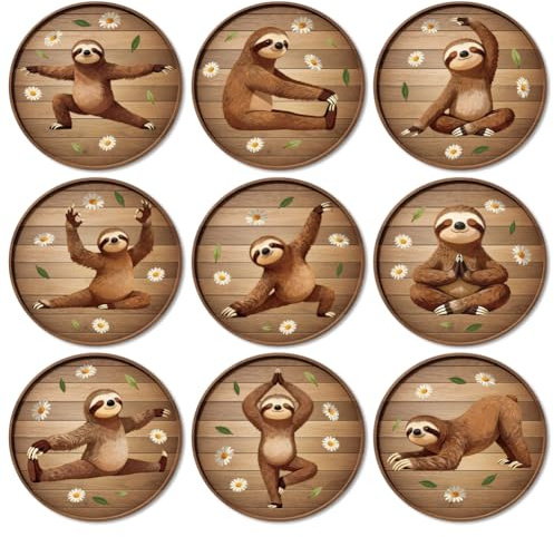 ANATTASOUL 9 Pièces Yoga des Animaux Muster Coaster pour Maison | sous Verres Peinture Coasters Coaster Rond Coasters for Drinks pour Maison, Bar, Bureau