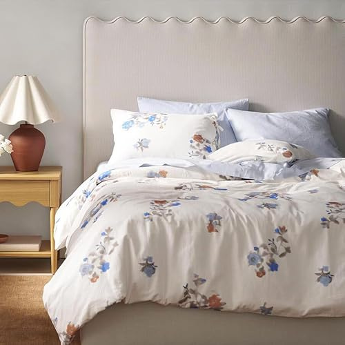 Freyamy Blumen Bettwäsche 200x200 3tlg,Vintage Blau Botanisches Weiß Bettwäsche-Set Mikrofaser Bettwäsche,1 Bettbezug mit Reißverschluss und 2 Kissenbezüge 80x80cm