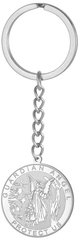 TEAMER Porte-clés Ange Gardien Pendentif Médaille Ronde Religieuse Ange Gardien Bijou Amulette Foi et Force pour Hommes et Femmes