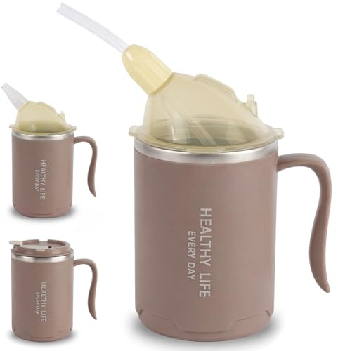 Dexpally 400ml Adult Sippy Cup, 3-in-1 Elderly Spill Proof Cups, Beakers for Elderly, Stainless Steel Drinking Cups Non Spill Sippy Cup for Adults with Handle for Elderly, Disabled People