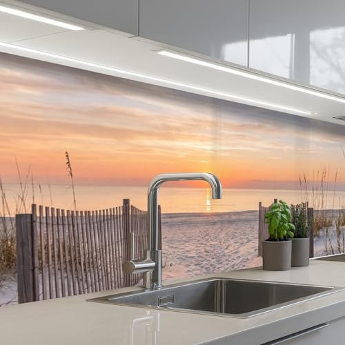 KitchenYeah© Rückwand Küche Rückwandschutz Selbstklebend Spritzschutz | 80x300 cm - Küchenrückwand Küchenfront Küchen Selbstklebende Küchenrückwände Sonnenuntergang - Strand - Sand