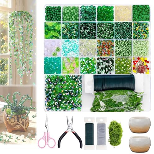 NNBWLMAEE 5500 PCS DIY Beaded Plant Kit, Green Beads for Beaded Plants, Forever Plant Kit for DIY Plants Making, Leaf Beads for Jewelry Making, Crystal Leaf Bead for Lovers and Crafters (B-1)