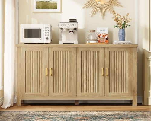 TEENFON 140 cm Sideboard mit Geriffelte Türen & Goldenen Griffen, Küchenschrank mit Arbeitsplatte mit 4 Türen, Buffetschrank mit Verstellbaren Regalen, für Wohnzimmer, Flur, 140 x 38 x 84,5 cm - Eiche