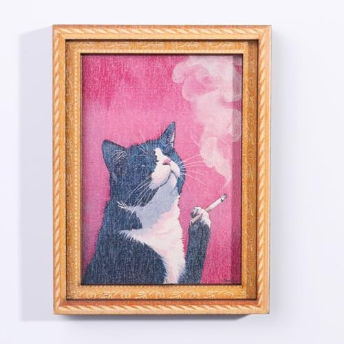 Cat Fridge Magnet, 1 Pc Mini Bamboo Framed Refrigerator Magnet, Vintage Style Cat Kitchen Magnet for Fridge, Locker, Whiteboard, Office Notice Board and Cat Lover Gift (Pink)