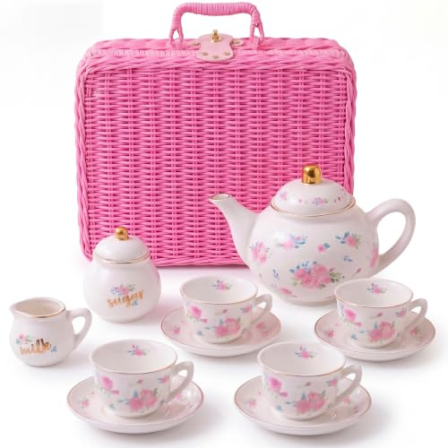 Giggle & Honey® Floral Porcelain Tea Set for Girls | Kids Tea Party Picnic Basket with Teapot Cups & Saucers, Pink Carry Case, Birthday Gifts for Girls Ages 3, 4, 5, 6, 7, 8