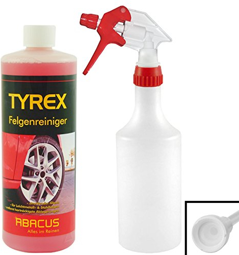 ABACUS® Felgenreiniger-Set - Felgenreiniger Konzentrat 1x 1000 ml Tyrex Felgen Reiniger mit Zubehör 1x 750 ml Sprühflasche Handsprühflasche + Sprühkopf Profi rot (7074)
