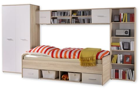 NANU Jugendzimmer Komplett-Set in Eiche Sonoma Optik, Weiß - Kinderzimmer Möbel-Set 4-teilig bestehend aus Kleiderschrank, Bett, Standregal & Wandboard