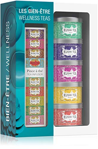 Kusmi Tea - Coffret de 5 Miniatures Les Bien-Être + Pince à Thé - Assortiment Thés Aromatisés et Infusion- Thé Detox, BB Detox, Boost, Sweet Love et Infusion Be Cool - Boîtes en Métal