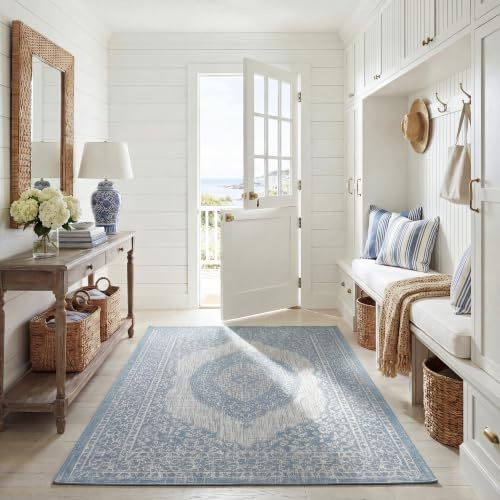 SAFAVIEH Zeitgenössische Teppich für Wohnzimmer, Esszimmer, Schlafzimmer - Courtyard Collection, Kurzer Flor, Hellgrau und Aqua, 160 X 231 cm