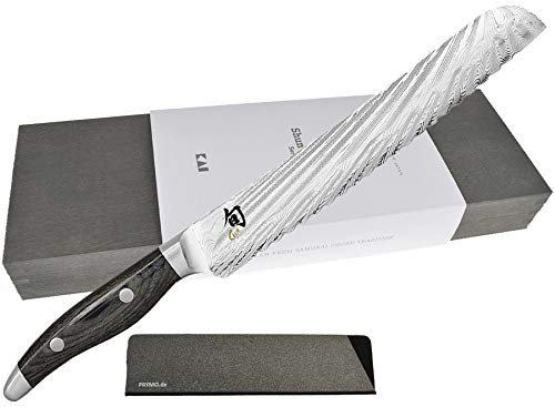 KAI Shun Nagare, coltello Santoku, coltello da cucina, coltello da pane, coltello office, acciaio Damasco con/senza incisione + protezione lama Prymo, 1) Messer Ohne Gravur, 5) Brotmesser 23cm